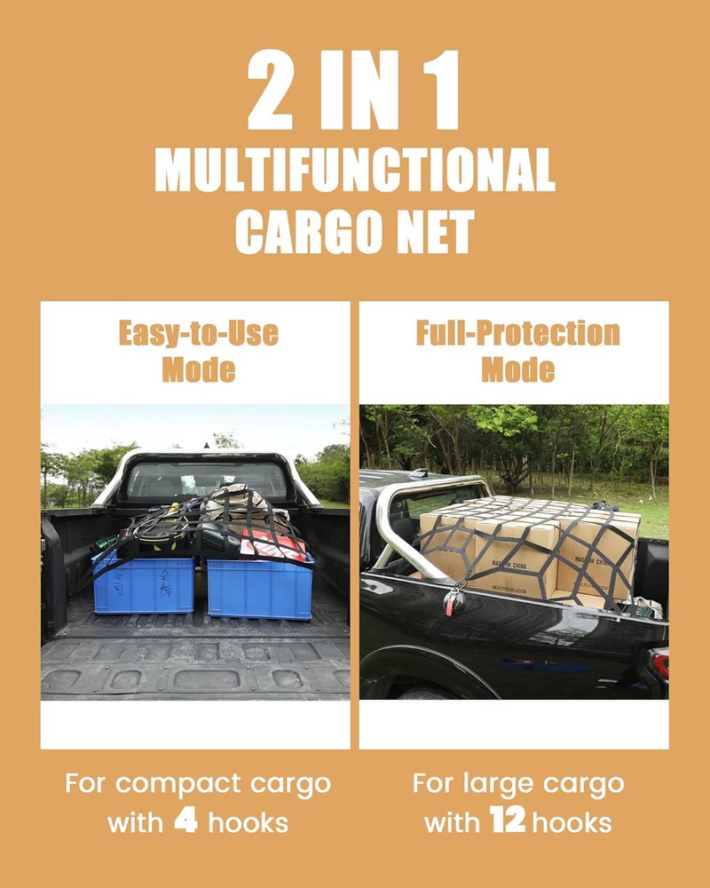 LuckyStraps The First Flat Bungee Cargo Net for Pickup Truck Bed, 4' x 6' Stretches to 10' x 15', 25 MM Heavy Duty Cargo Net with 2 Using Modes, for Dodge RAM, Ford, Chevy, Toyota, etc Reliable daily use design - Image 2