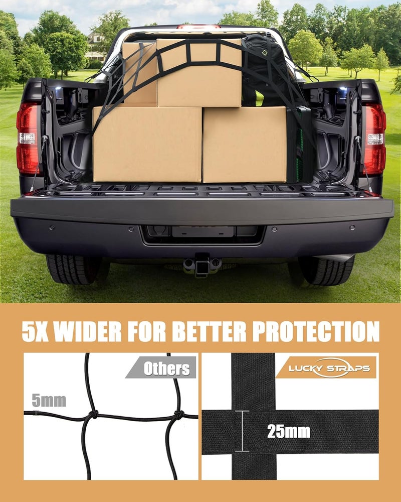 LuckyStraps The First Flat Bungee Cargo Net for Pickup Truck Bed, 4' x 6' Stretches to 10' x 15', 25 MM Heavy Duty Cargo Net with 2 Using Modes, for Dodge RAM, Ford, Chevy, Toyota, etc Reliable daily use design - Image 5
