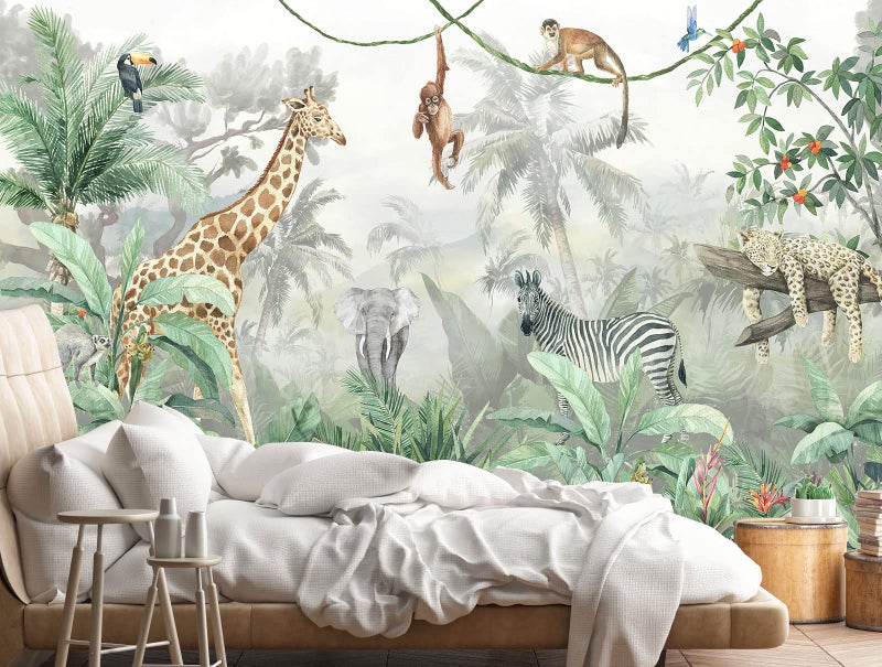 Reyhui Kids Wallpaper Tropical Leves and Safari Animals Wall Mural for Wall Bedroom Living Room TV Background Sofa Wall（Not Peel and Stick） - Image 5
