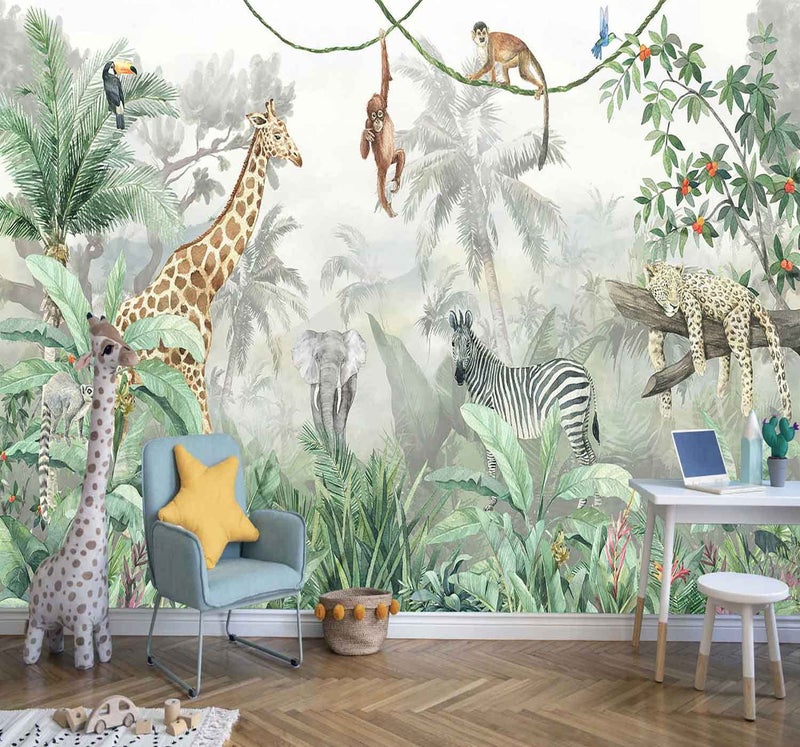 Reyhui Kids Wallpaper Tropical Leves and Safari Animals Wall Mural for Wall Bedroom Living Room TV Background Sofa Wall（Not Peel and Stick） - Image 1