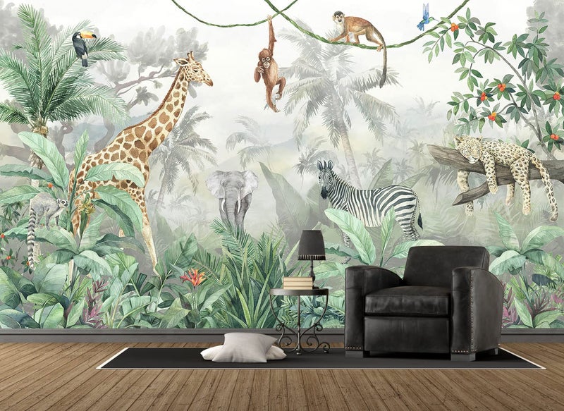 Reyhui Kids Wallpaper Tropical Leves and Safari Animals Wall Mural for Wall Bedroom Living Room TV Background Sofa Wall（Not Peel and Stick） - Image 4