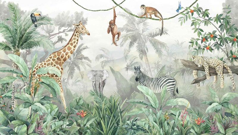Reyhui Kids Wallpaper Tropical Leves and Safari Animals Wall Mural for Wall Bedroom Living Room TV Background Sofa Wall（Not Peel and Stick） - Image 2