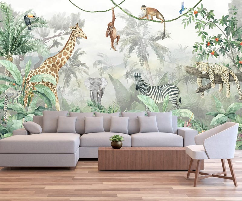 Reyhui Kids Wallpaper Tropical Leves and Safari Animals Wall Mural for Wall Bedroom Living Room TV Background Sofa Wall（Not Peel and Stick） - Image 3