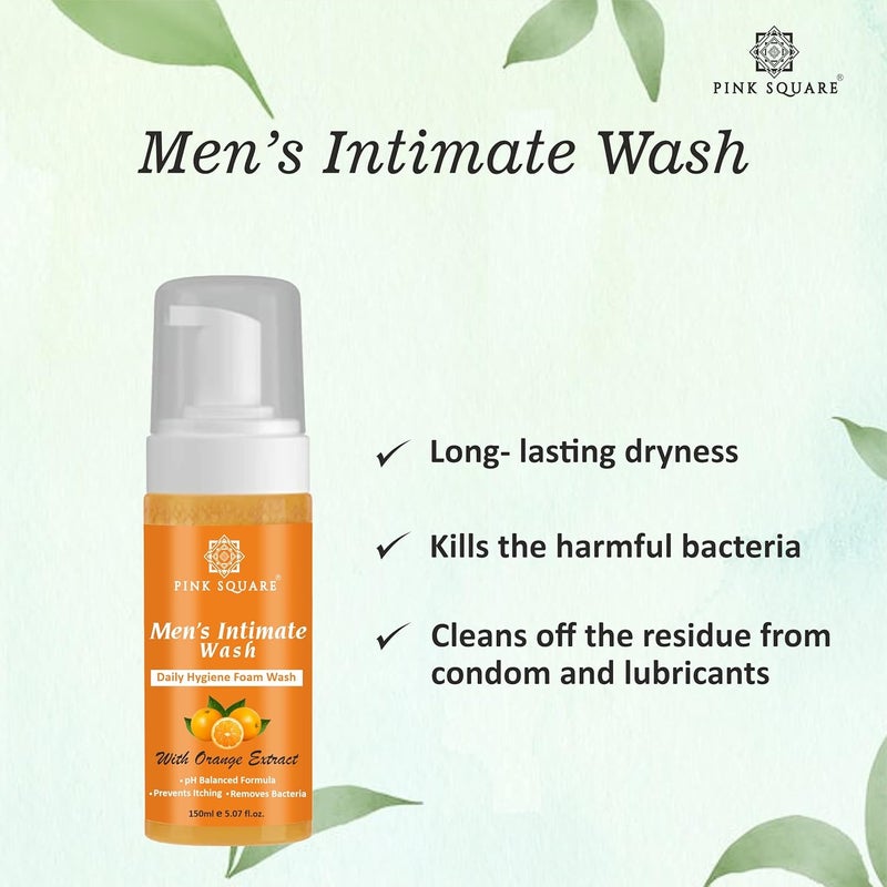 Pink Square Natural Mens Intimate Wash with Orange Extract Maintain PH Balance Intimate Daily Care Better Private Parts Hygiene Body Wash AntiBacterial Pack of 1 of 150 ML - Image 2