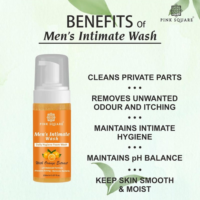 Pink Square Natural Mens Intimate Wash with Orange Extract Maintain PH Balance Intimate Daily Care Better Private Parts Hygiene Body Wash AntiBacterial Pack of 1 of 150 ML - Image 3