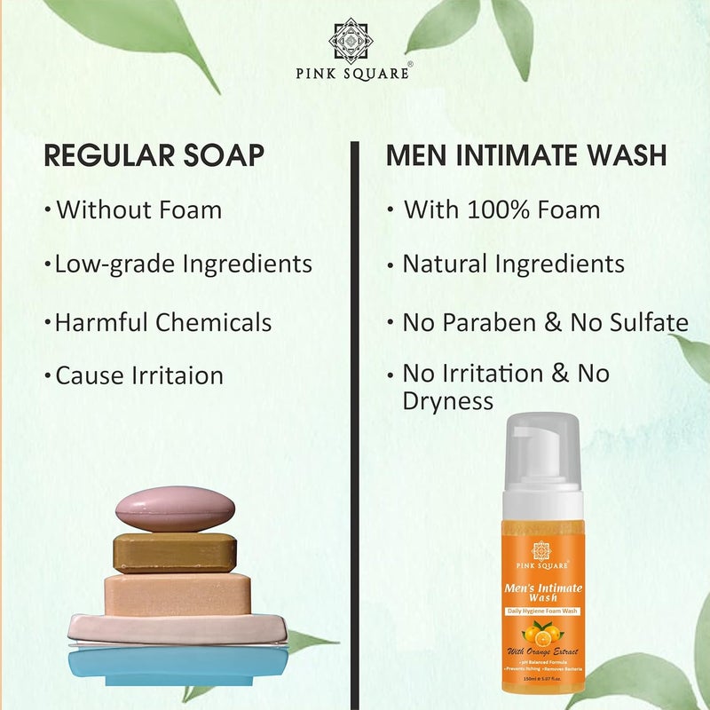 Pink Square Natural Mens Intimate Wash with Orange Extract Maintain PH Balance Intimate Daily Care Better Private Parts Hygiene Body Wash AntiBacterial Pack of 1 of 150 ML - Image 5