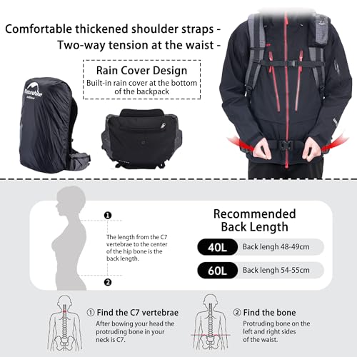windhike Naturehike Rock-40L/60L+5L Internal Frame Hiking backpacking backpack, Camping Waterproof Bag, Ultralight Outdoor Daypack with Rain Cover for Hiking, Backpacking,Camping Survival(60+5L) - Image 3
