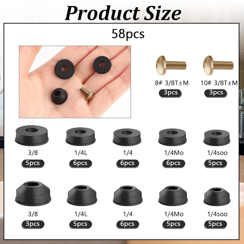 Styquenzer 58 قطعة من حلقات المطاط لإصلاح صنابير المياه الخارجية، مجموعة متنوعة من حلقات الصنابير المسطحة والمائلة مع براغي نحاسية، حلقات مطاطية لإصلاح خرطوم المياه لصنبور الحديقة، بديل للتسربات والتآكل - Image 4