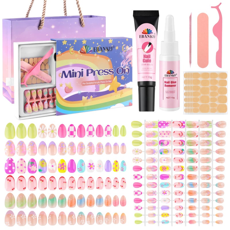 EBANKU 156 Pcs Press on Nail Kids Gift Box, 6 Pack French Flower Kid Flase Nails Kit with Nail Glue Set Fake Nail for Girls 5-10 Years Christmas Gift Set - Image 1