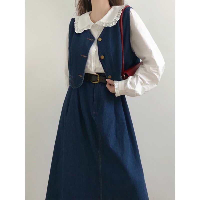 Blue Denim Vest Dress Three-Piece Set Women'S Spring Tea Dress Set With Korean Drama Chanel Style Suit - Image 4