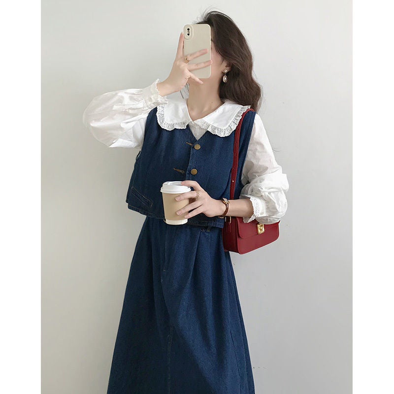 Blue Denim Vest Dress Three-Piece Set Women'S Spring Tea Dress Set With Korean Drama Chanel Style Suit - Image 1