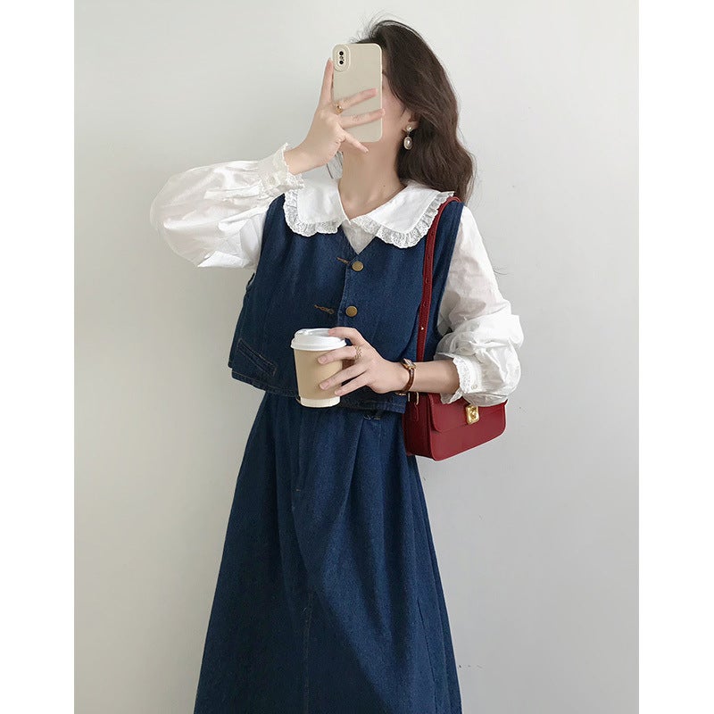 Blue Denim Vest Dress Three-Piece Set Women'S Spring Tea Dress Set With Korean Drama Chanel Style Suit - Image 2