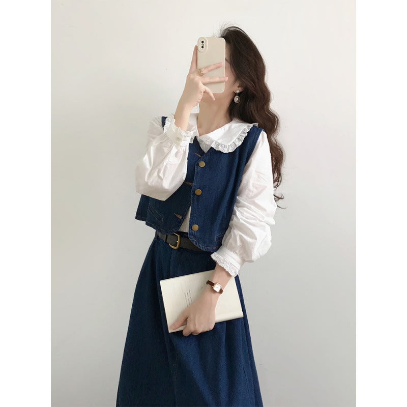Blue Denim Vest Dress Three-Piece Set Women'S Spring Tea Dress Set With Korean Drama Chanel Style Suit - Image 3