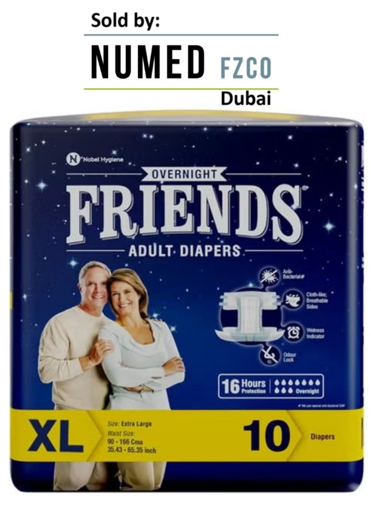 Friends Overnight Adult Diapers Tape Style - 10 Count (Extra Large) with odour lock, Unisex, Leakproof and Anti-Bacterial Absorbent Core - Waist Size 42 - 68 inch; 12.92 - 172.72 cm - Image 1