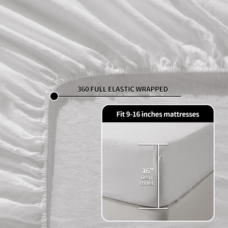 LBRO2M 100% Pure Linen Sheet Set Deep Pocket Up to 16" Bed Sheets Sets, Natural Flax Beddings Soft, Breathable, Comfortable for All Seasons 4 Pcs Sheet Set Queen Size, White - Image 4