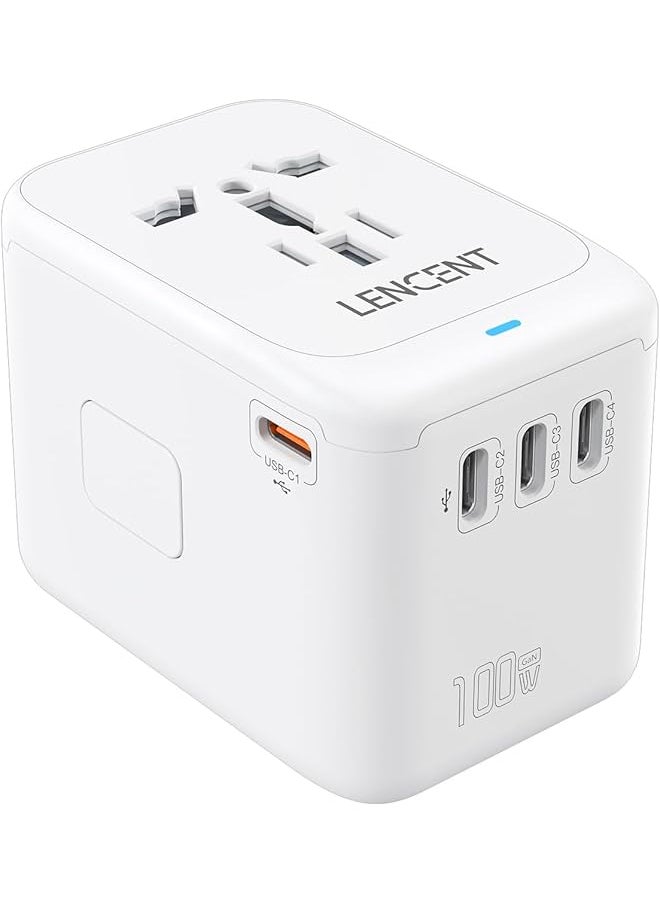 Lencent LENCENT 100W International Travel Adapter, GaN Universal Travel Adapter with 1 USB-A & 4 Type C Power Adapter, Fast Charger for Phone,Laptops, Worldwide Plug Adapter for USA/UK/EU/AUS, White  - Image 1
