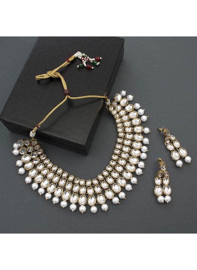 Aheli Faux Kundan Beaded Necklace Earring Set Indian Wedding Ethnic Bollywood Fashion Jewelry For Women White  - Image 3