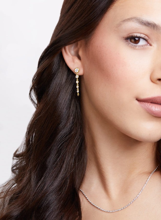 MILLA Dangle Earrings for Women - Cute Designer Earrings for Women Trendy Gold Chain Earrings & Sterling Silver Dangly Earrings (Round CZ / 14K Gold Plated) - Image 4