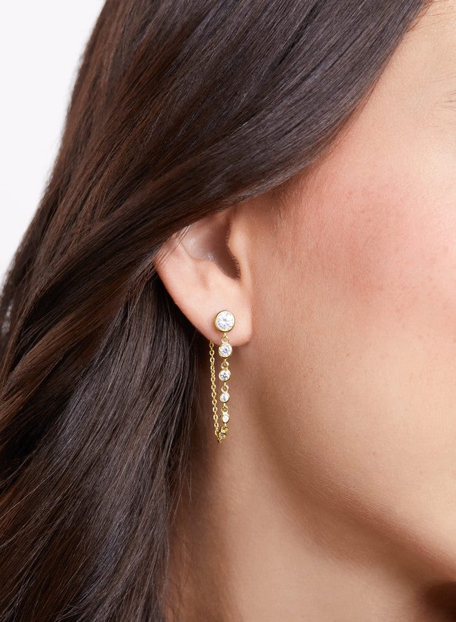 MILLA Dangle Earrings for Women - Cute Designer Earrings for Women Trendy Gold Chain Earrings & Sterling Silver Dangly Earrings (Round CZ / 14K Gold Plated) - Image 2