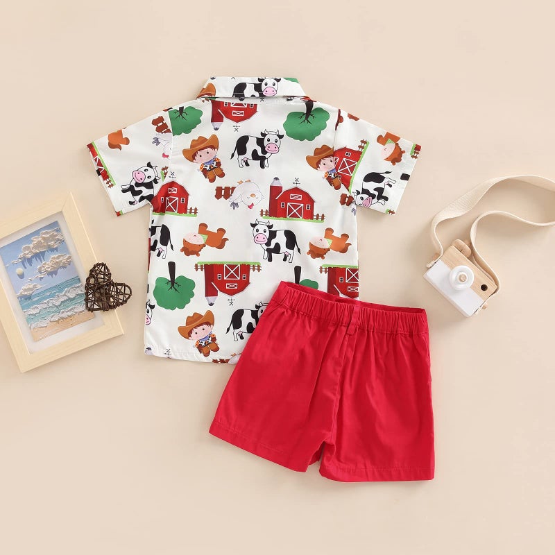 Rtnnsbbfcm Toddler Baby Boy Summer Clothes Short Sleeve Cartoon Print Bow Tie Shirt Top Shorts 2Pcs Casual Outfit (2-3T,Farm) - Image 3