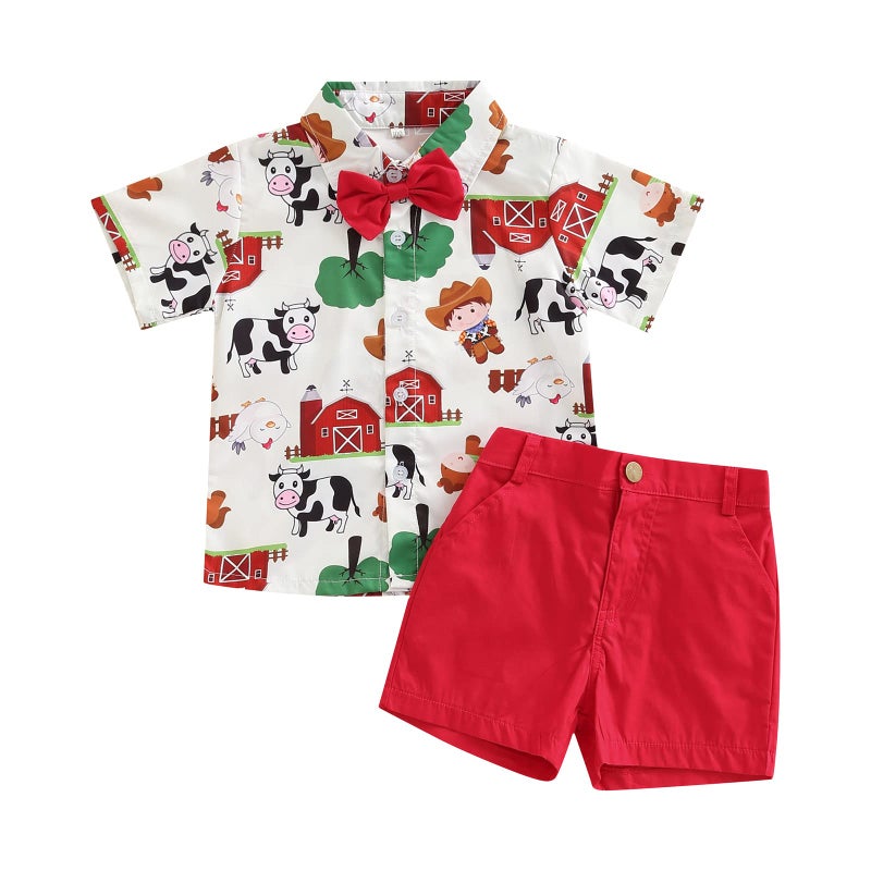 Rtnnsbbfcm Toddler Baby Boy Summer Clothes Short Sleeve Cartoon Print Bow Tie Shirt Top Shorts 2Pcs Casual Outfit (2-3T,Farm) - Image 1