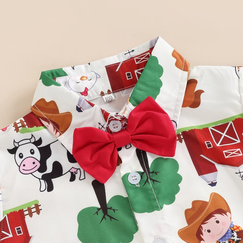 Rtnnsbbfcm Toddler Baby Boy Summer Clothes Short Sleeve Cartoon Print Bow Tie Shirt Top Shorts 2Pcs Casual Outfit (2-3T,Farm) - Image 4