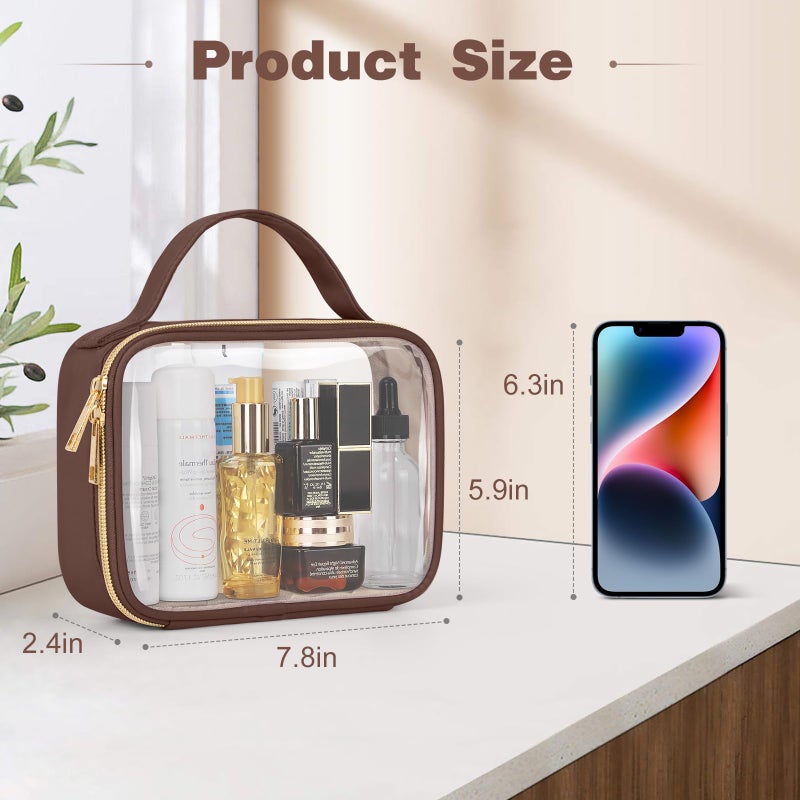 Wedama TSA Approved Toiletry Bag, 2 Pack Clear Makeup Bags with Handles, Quart Size PVC Clear Cosmetic Bags for Women and Men, Carry on Airport Airline Compliant Bag, Brown - Image 3