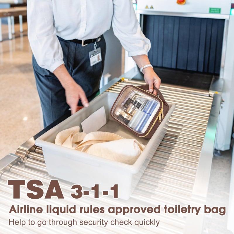 Wedama TSA Approved Toiletry Bag, 2 Pack Clear Makeup Bags with Handles, Quart Size PVC Clear Cosmetic Bags for Women and Men, Carry on Airport Airline Compliant Bag, Brown - Image 2
