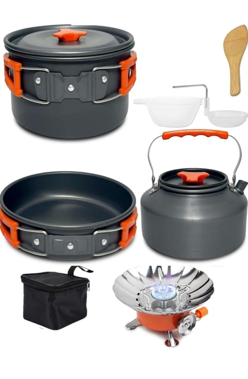 DPCR Camping Cookware Mess Kit with Stove, Lightweight Hiking Cookware Set with Mesh Bag, Nonstick Aluminum Cooking Kit,Outdoor Pot Pan Kettle Backpacking Mess Kit with Bowls (3-4 Person) - Image 1