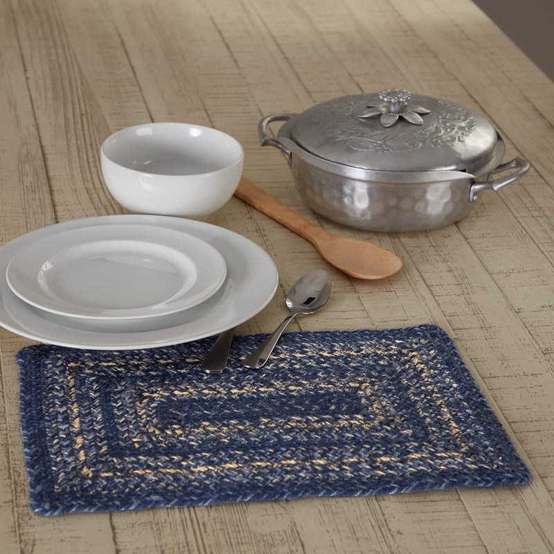 VHC Brands Farmhouse Great Falls Blue Table Placemat, Blue White, Jute Blend, Rectangle, 10x15 Inches - Image 1