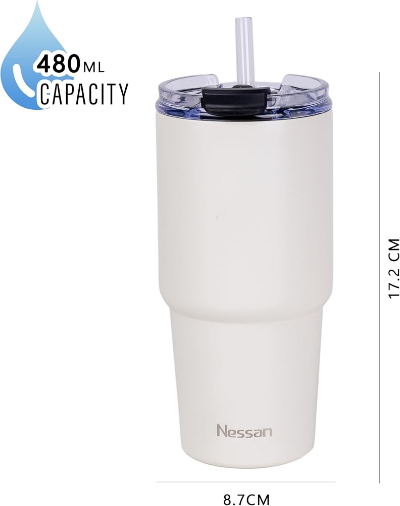 Nessan Double Wall Stainless Steel Vacuum Insulated Travel Mug Tumbler with Dual Function Lid and Straw for Water, Iced Tea or Hot Coffee, Smoothie and More (Cream, 480ml) - Image 1