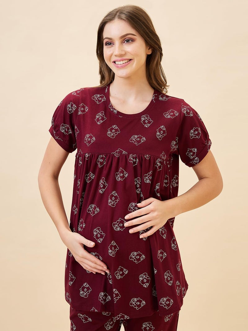 AV2 Store Women's Cotton Printed Maternity & Feeding Night Suit Set of Top & Relaxed Pyjama Nursing Night Dress Maroon XX-Large 2125 - Image 4