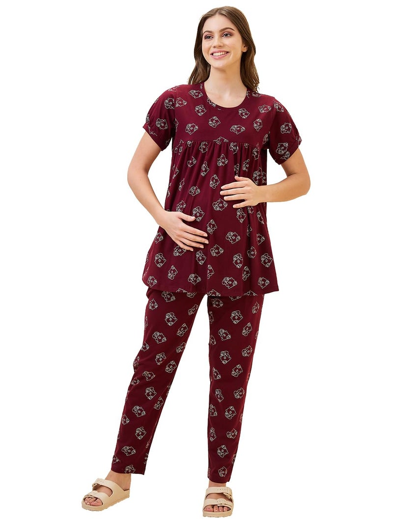 AV2 Store Women's Cotton Printed Maternity & Feeding Night Suit Set of Top & Relaxed Pyjama Nursing Night Dress Maroon XX-Large 2125 - Image 1