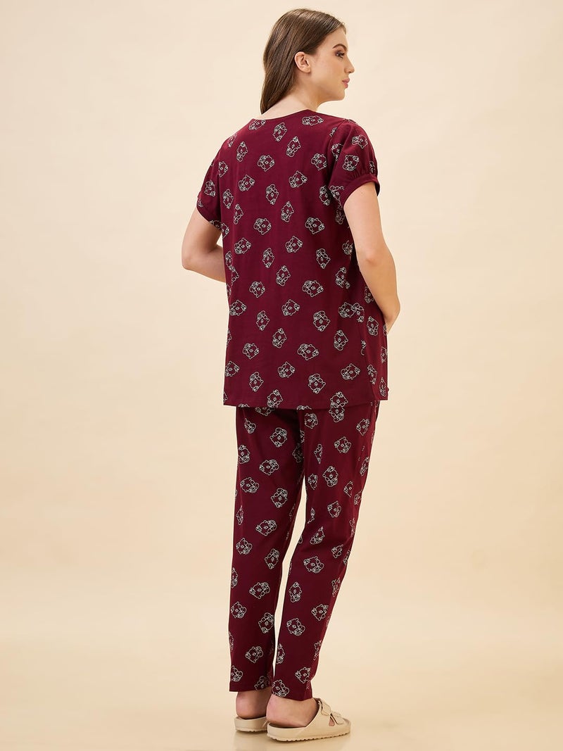 AV2 Store Women's Cotton Printed Maternity & Feeding Night Suit Set of Top & Relaxed Pyjama Nursing Night Dress Maroon XX-Large 2125 - Image 2