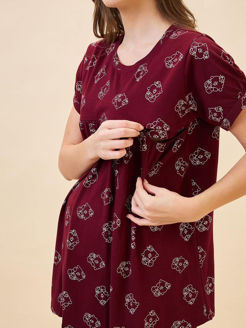 AV2 Store Women's Cotton Printed Maternity & Feeding Night Suit Set of Top & Relaxed Pyjama Nursing Night Dress Maroon XX-Large 2125 - Image 5