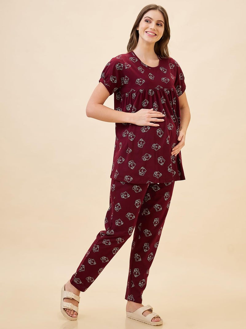 AV2 Store Women's Cotton Printed Maternity & Feeding Night Suit Set of Top & Relaxed Pyjama Nursing Night Dress Maroon XX-Large 2125 - Image 3