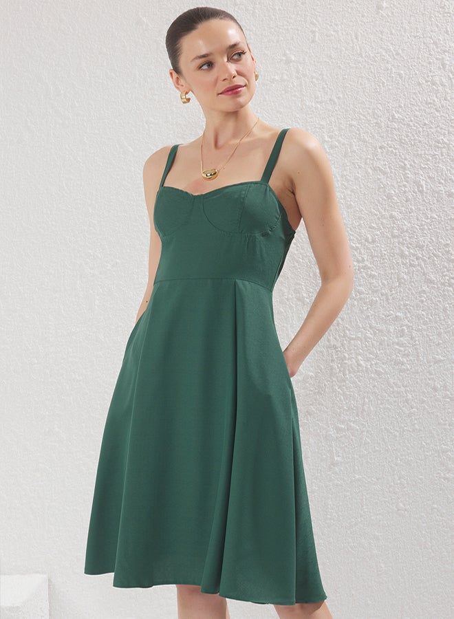 trendyol Emerald Green Waist Opening Linen Look Midi Woven Dress - Image 1