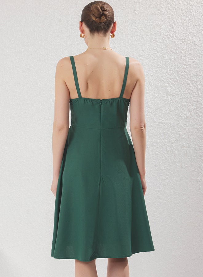 trendyol Emerald Green Waist Opening Linen Look Midi Woven Dress - Image 4