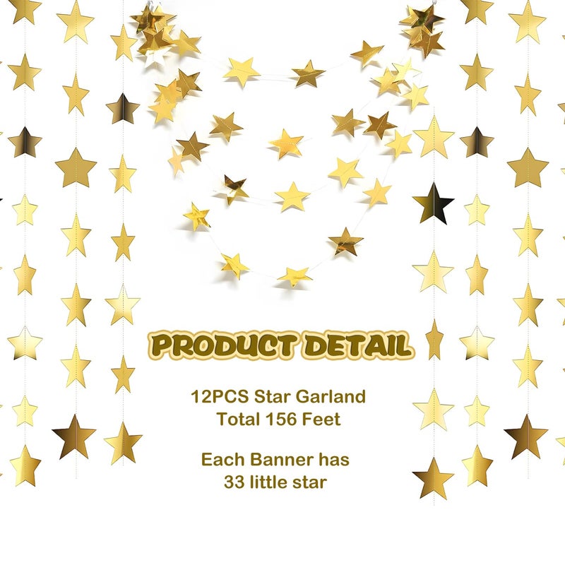 YUQILIN 158 Feet 12 PCS Glitter Gold Star Garland Banner Decoration, Reflective Sparkle Little Star Paper Hanging Decor Double Side Star Streamer Bunting for Party Wedding Christmas Birthday Festival - Image 3