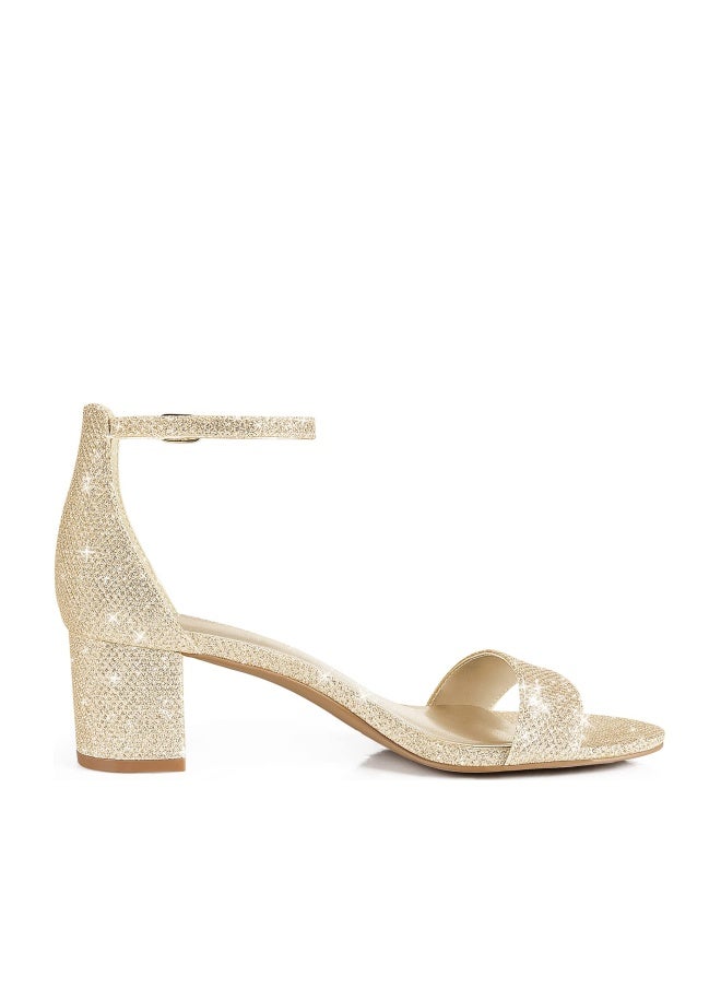 PIZZ ANNU Women's Low Block Heels 2 Inch Sandals Chunky Open Toe Ankle Strap Wedding Dress Pump Shoes For Women Brides Ladies, Gold Glitter 9.5 - Image 1