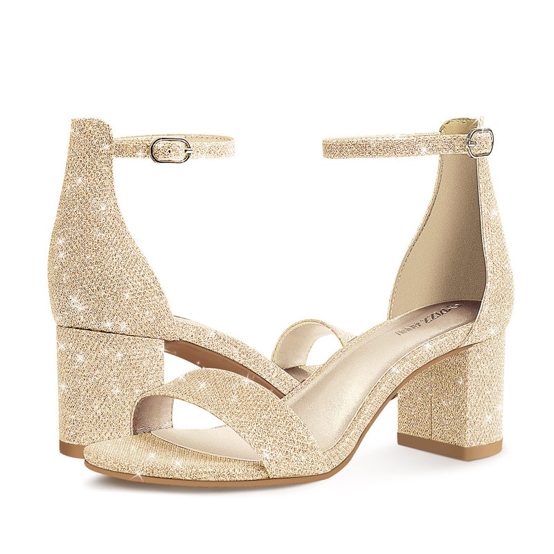 PIZZ ANNU Women's Low Block Heels 2 Inch Sandals Chunky Open Toe Ankle Strap Wedding Dress Pump Shoes For Women Brides Ladies, Gold Glitter 9.5 - Image 4