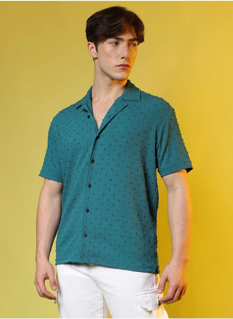 Campus Sutra Men's Teal Green Self-Design Pom-Pom Shirt