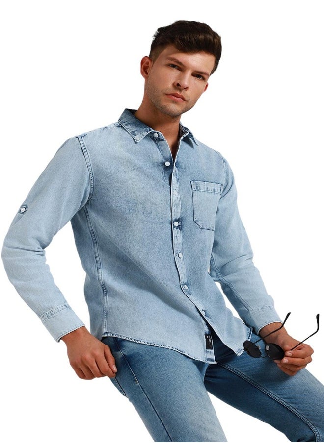 Dennis Lingo - Stylish Blue Denim Shirt for Men - Slim Fit, Durable - Image 1