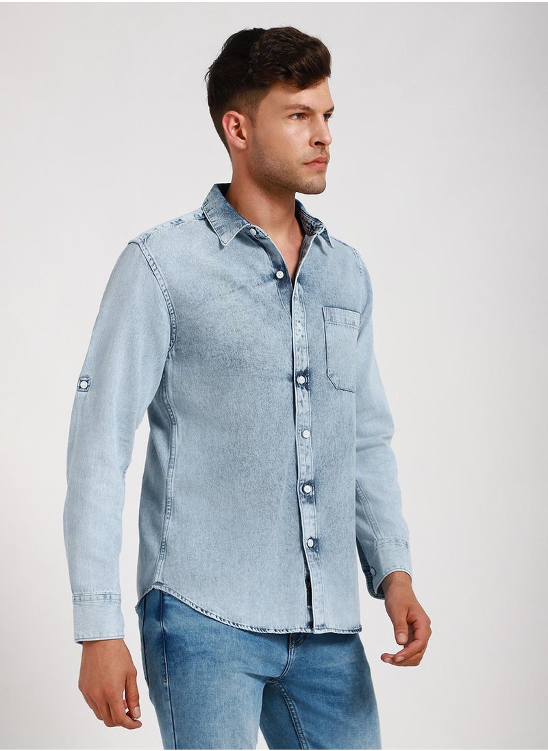 Dennis Lingo - Stylish Blue Denim Shirt for Men - Slim Fit, Durable - Image 1