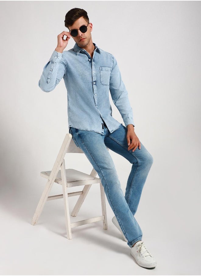 Dennis Lingo - Stylish Blue Denim Shirt for Men - Slim Fit, Durable - Image 1