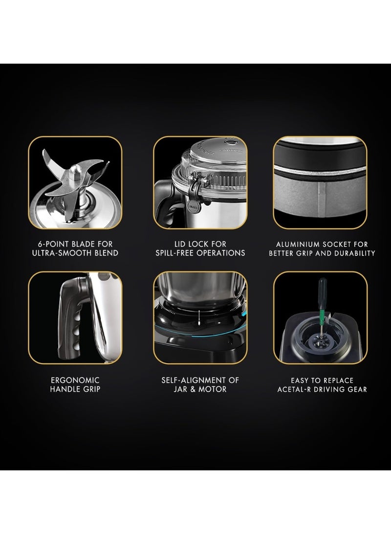 سوجاتا Sujata MG01 Mixer Grinder|1000 Watts Double Ball Bearing Motor|24000 RPM| Non-Stop 90 Mins Running|3 Jars including 1750ml Blender, 1000ml Grinder, 500ml Chutney Jar| (Black) - Image 4