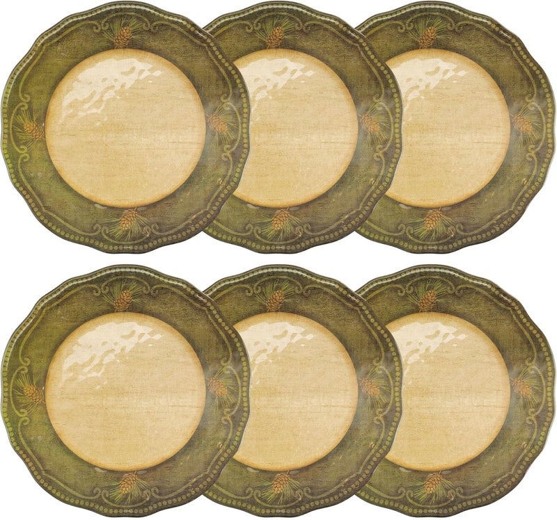 UP UPware Woodland Pinecone Melamine Dinner Plate Set Flower Shaped Plates with Beaded Edge for Main course Pasta and Salad BPAFree Dishwasher Safe Green 11 Inch Set of 6 - Image 1