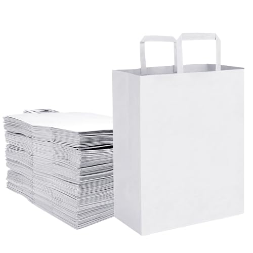 Aakriti Kraft Paper Gift Bags with Flat Handles - White 10 Pack, Medium (10" x 8" x 5") for Shopping, Home, Office, Retail & Merchandise - Image 1