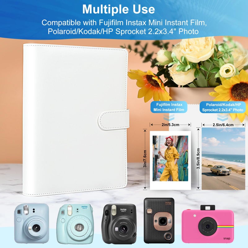WITHYU 2x3 Photo Album, Refillable PU Leather A5 Photo Binder with Adjustable Pages, 200 Pockets for Fujifilm Instax Mini 12 11 9 40 99 90 8 7 Evo LiPlay, Polaroid Snap PIC-300 Z2300 Instant Cameras (White) - Image 3