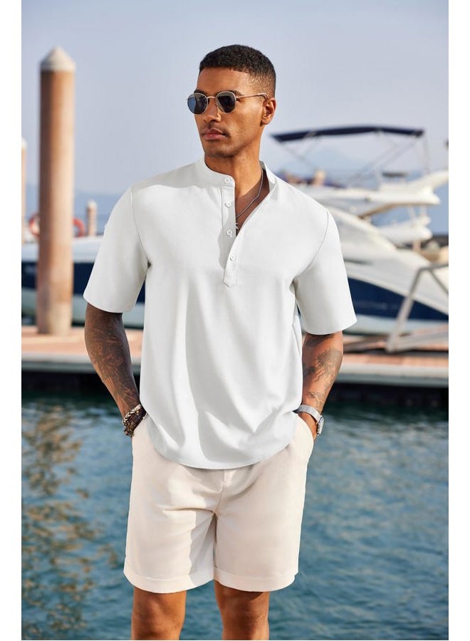 COOFANDY Men's Casual Henley Shirt Short Sleeve Band Collar Linen Shirt Summer Beach Hippie T-Shirts, S - Image 2